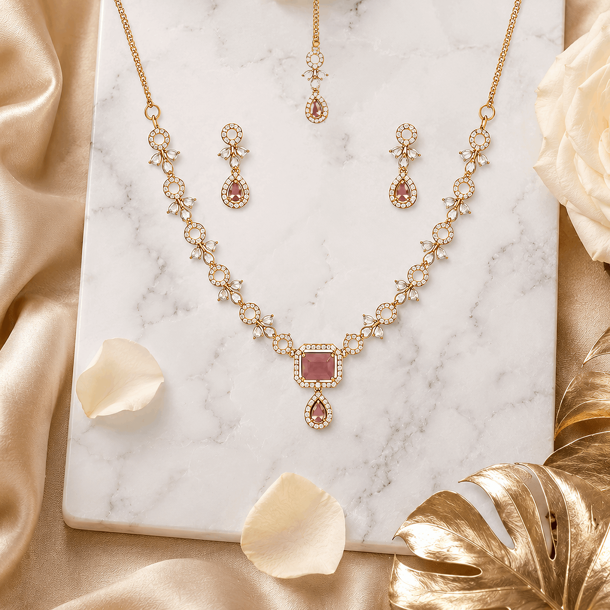 Anti tarnish gold vermeil traditional tikka set with champagne pink crystal drops