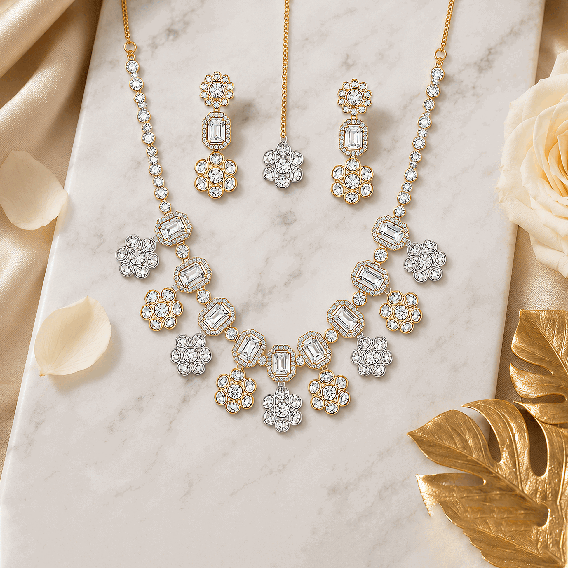 Anti tarnish gold vermeil traditional tikka set with hanging crystal flower drops