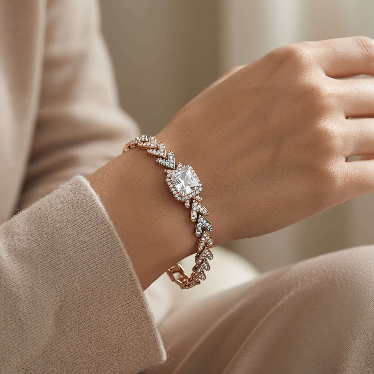 Anti-tarnish mixed-metal chevron bracelet with sparkling halo focal gem