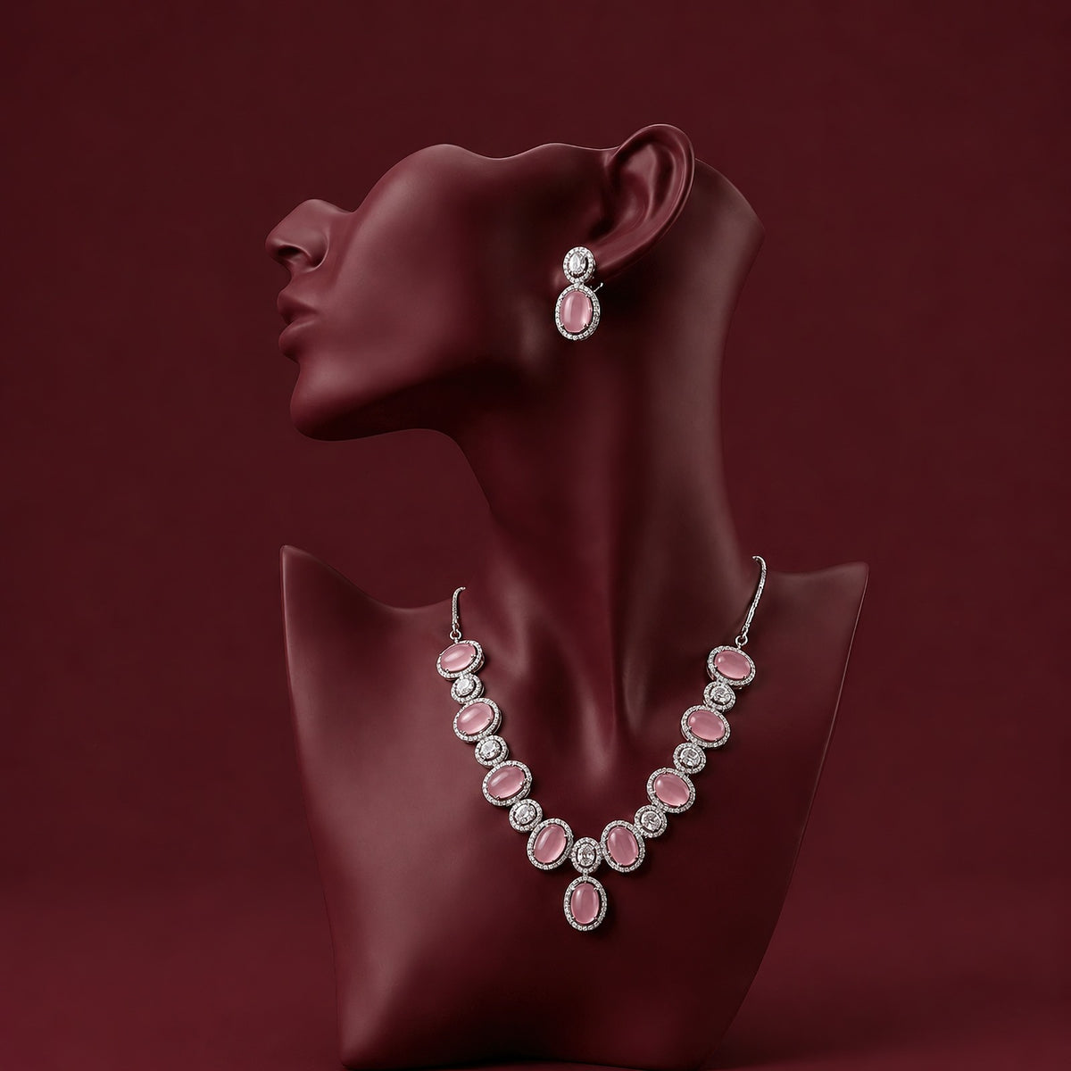 Anti tarnish rhodium finish regal collar set with alternating rose pink gems