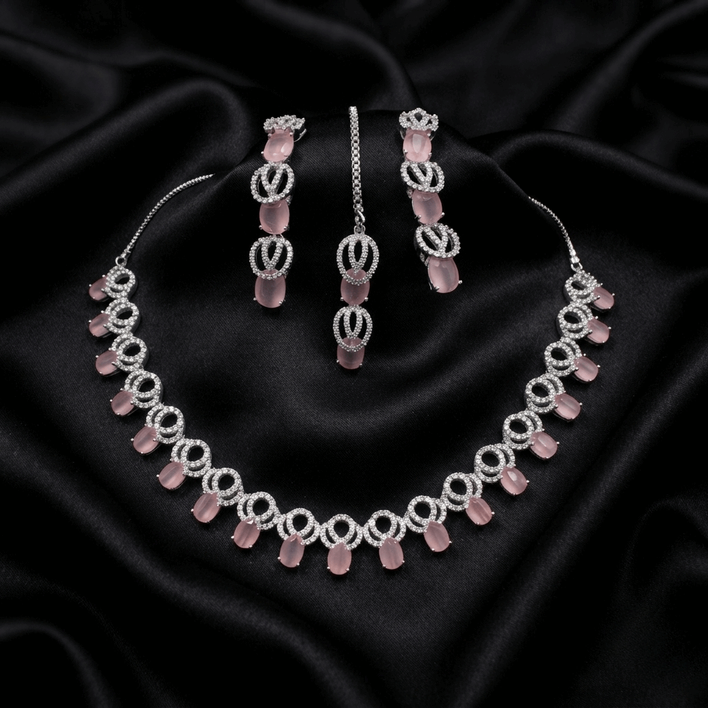 Anti tarnish rhodium finish traditional tikka set with dangling pink quartz drops