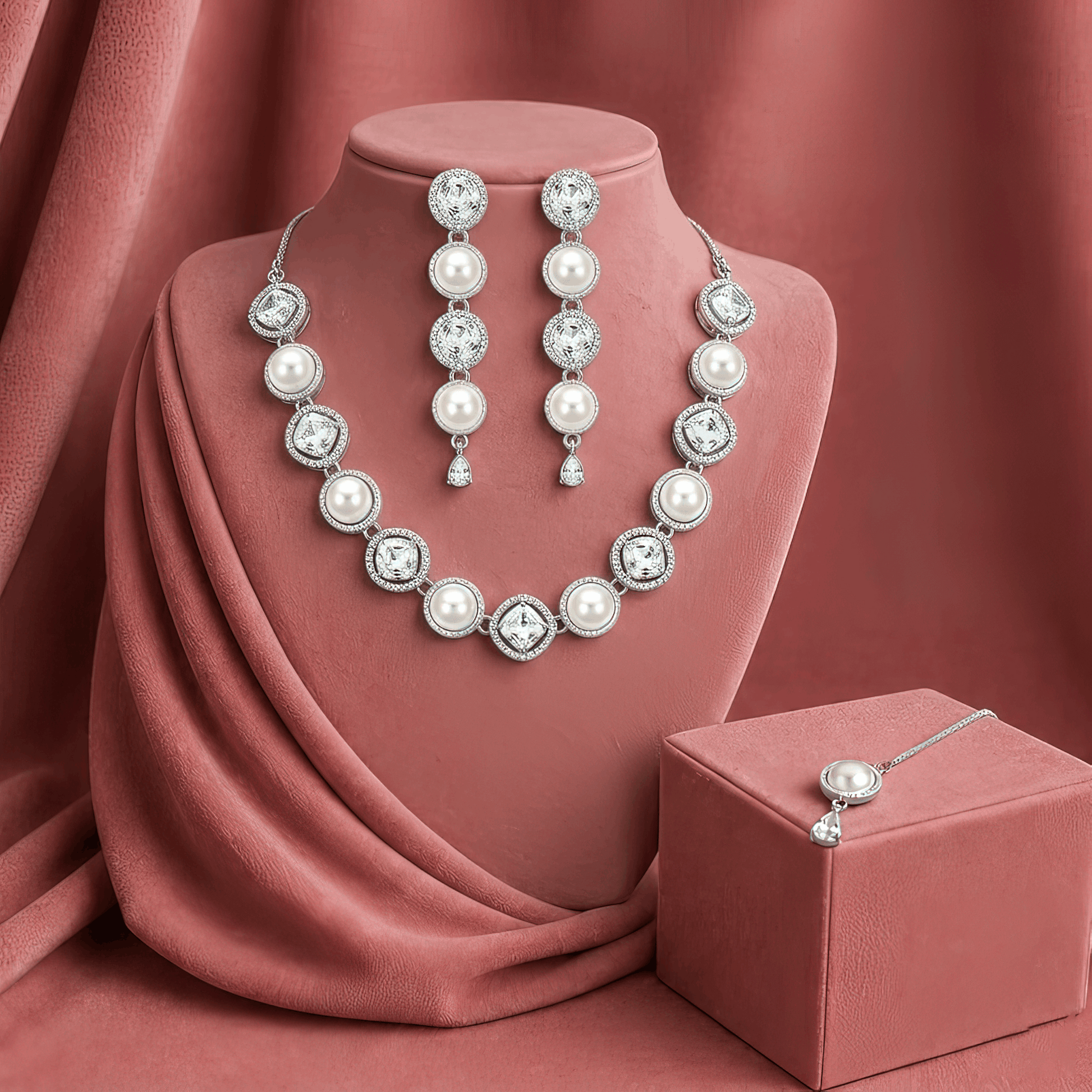 Anti tarnish rhodium finish traditional tikka set with alternating halo pearl drops