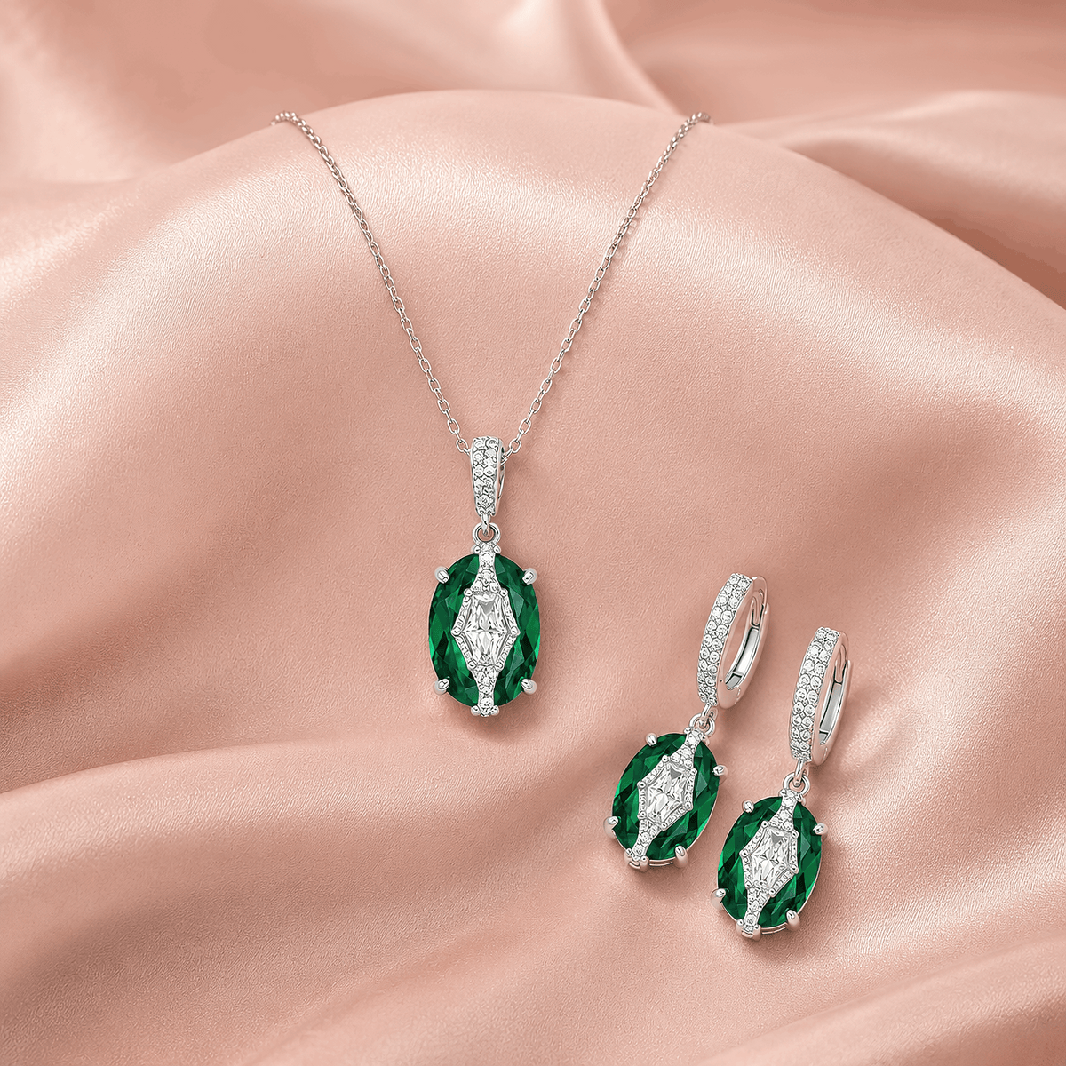 Anti-tarnish rhodium-finish fine jewelry set with deep green halo gems