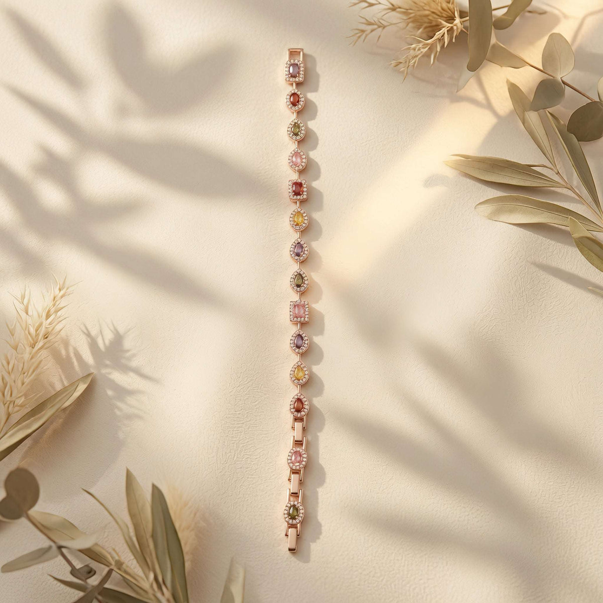 Anti-tarnish rose gold vermeil bracelet with colorful geometric gems