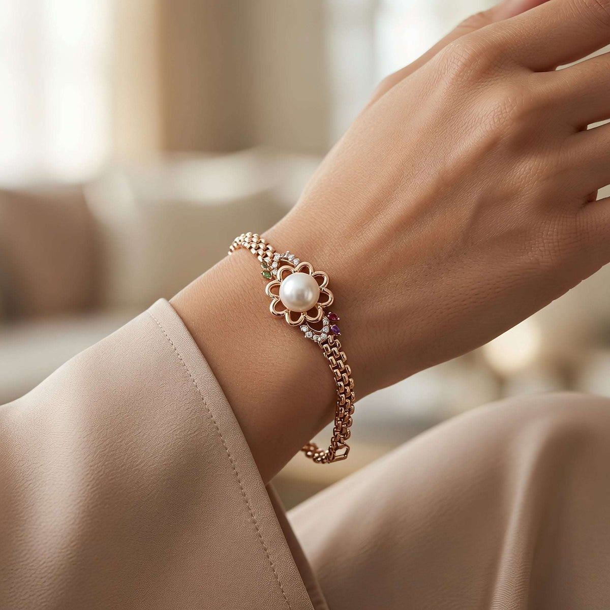 Anti-tarnish rose gold vermeil rolo chain bracelet featuring focal pearl