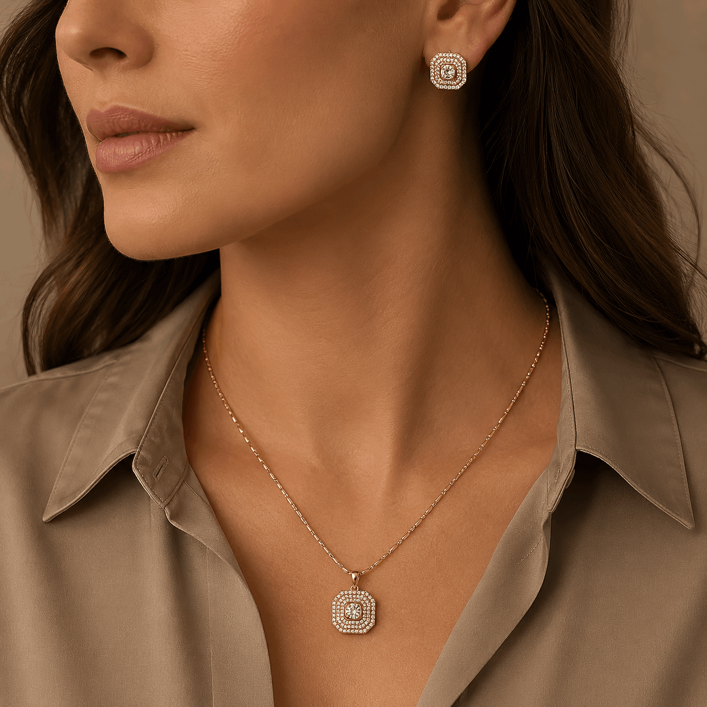 Artisan-crafted gold geometric halo setting clear crystal necklace set luxury