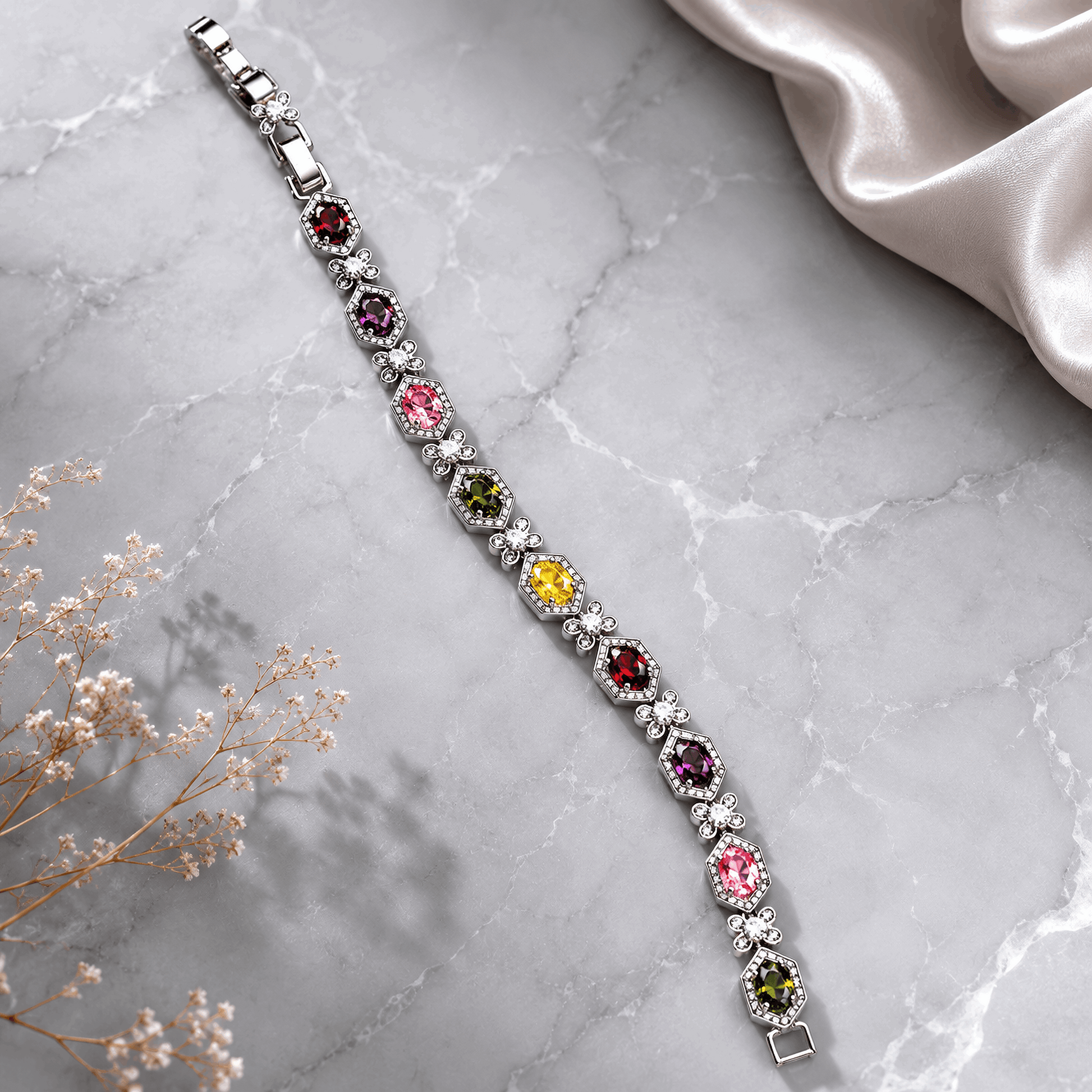 Artisan-crafted floral silver bracelet with mixed colored stones