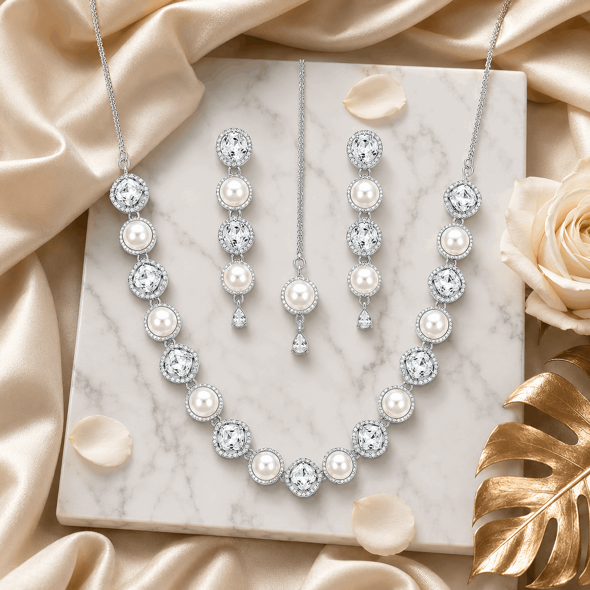 Artisan crafted silver micro pave halo crystal pearl neckpiece luxury traditional wear