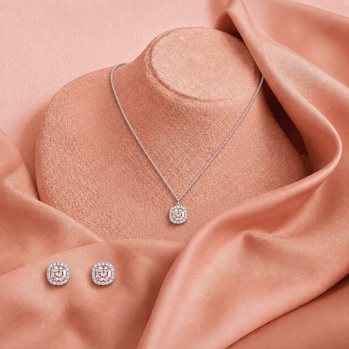Artisan-crafted silver halo setting pink morganite look pendant set luxury