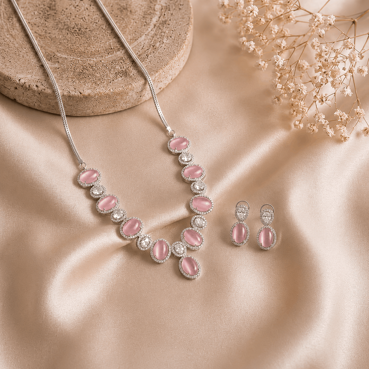 Elegant blush pink opal look oval statement necklace with matching drop earrings