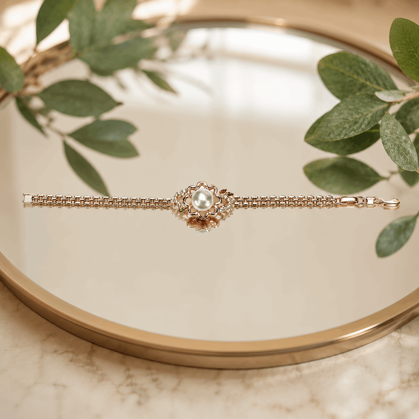 Elegant dainty floral pearl bracelet with colorful side accent stones