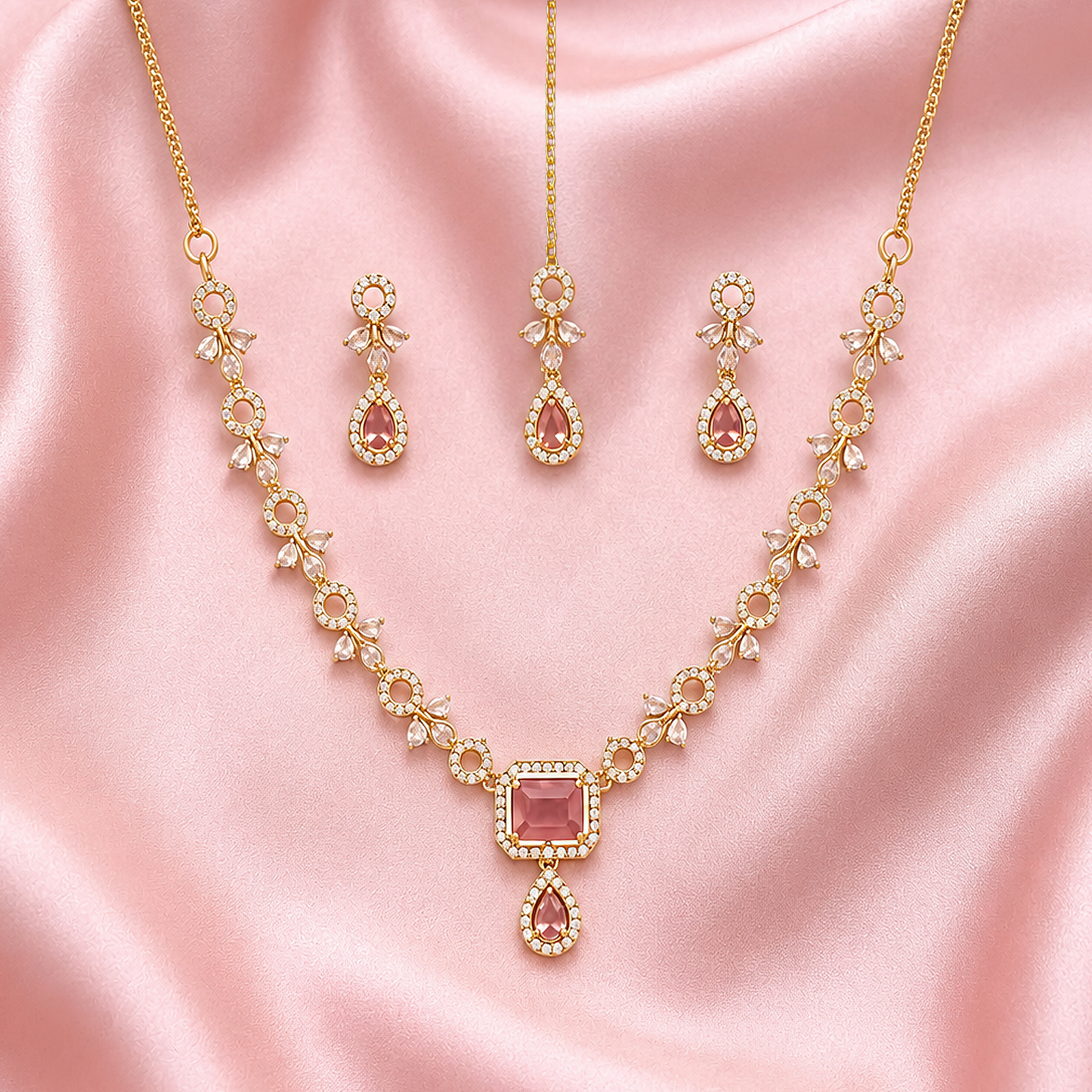 Premium demi fine timeless heritage style pink sapphire alternative complete wedding set