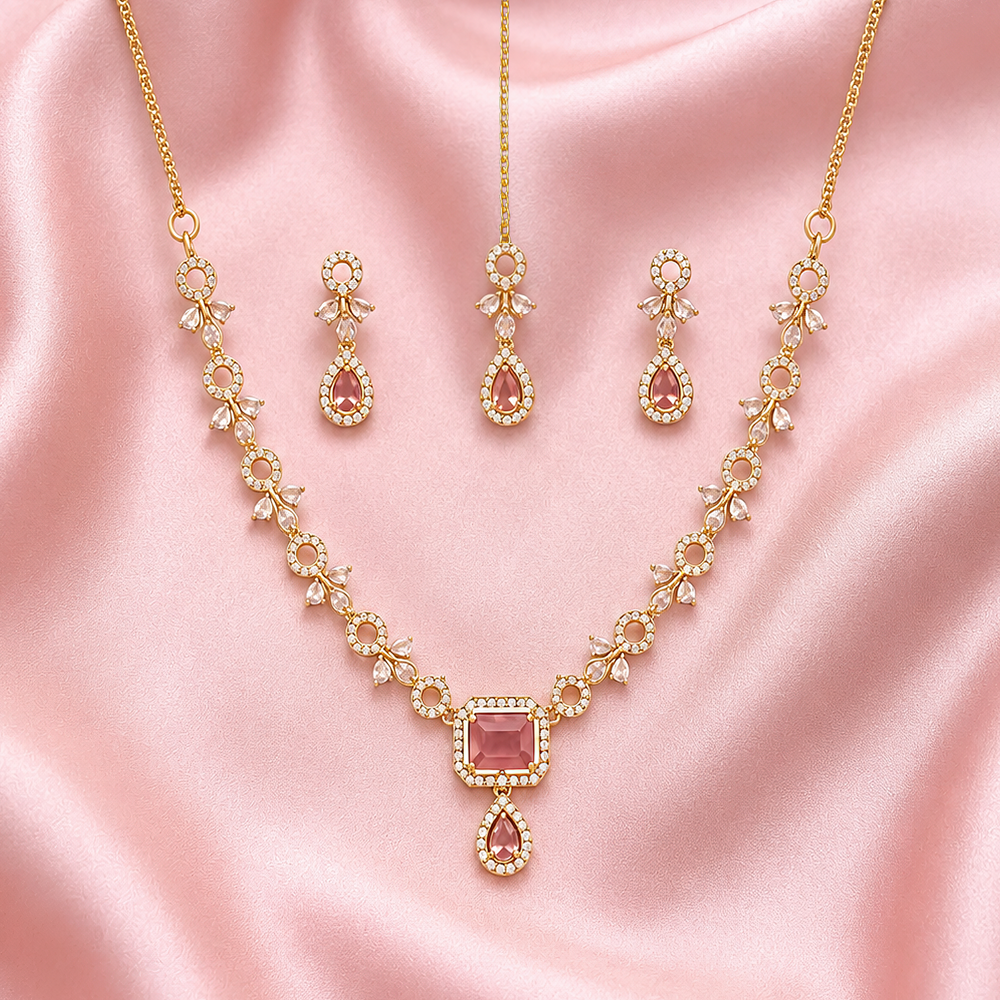 Premium demi fine timeless heritage style pink sapphire alternative complete wedding set