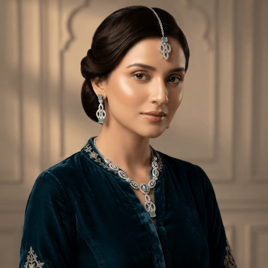 High end majestic marquise halo crystal wedding jewelry set for elite pakistani brides