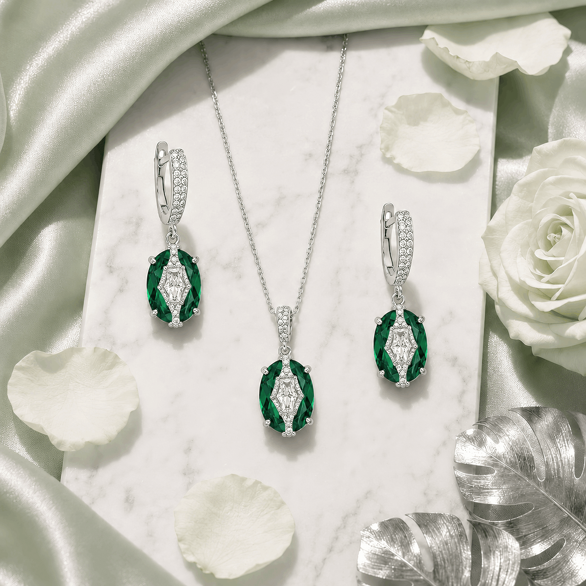 Elegant emerald green look pendant necklace with matching huggie drop earrings