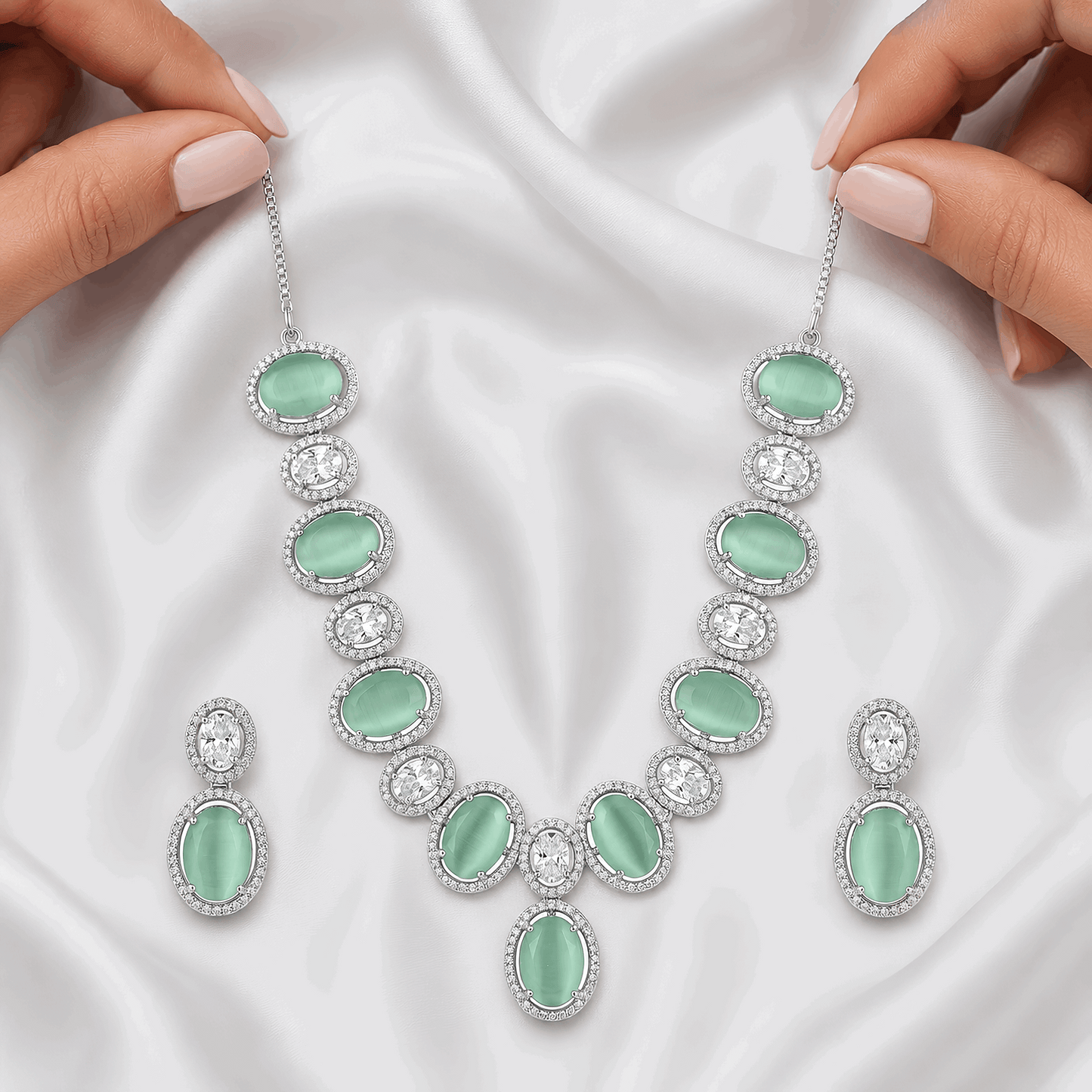 Elegant mint chrysoberyl look oval statement necklace with matching drop earrings