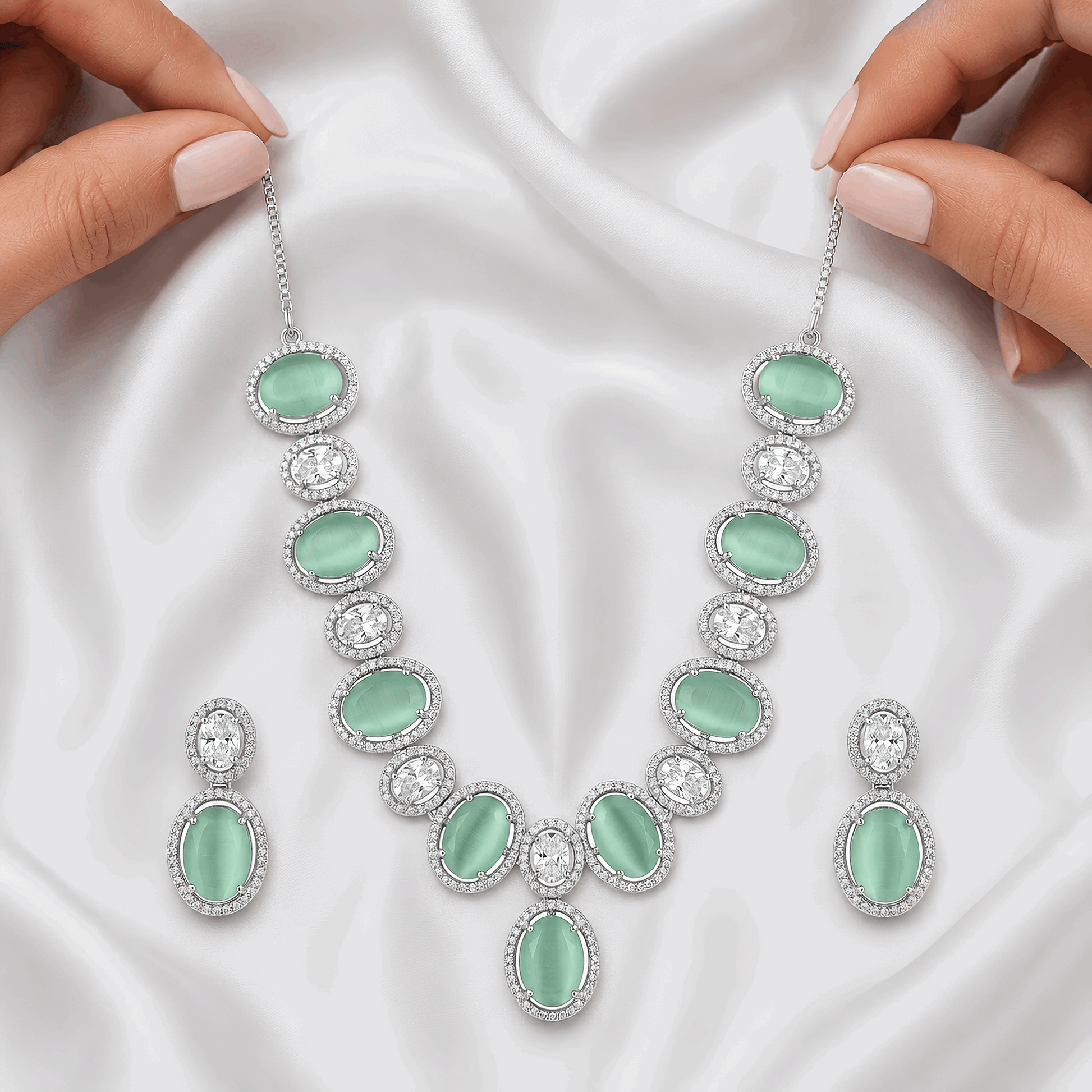 Elegant mint chrysoberyl look oval statement necklace with matching drop earrings