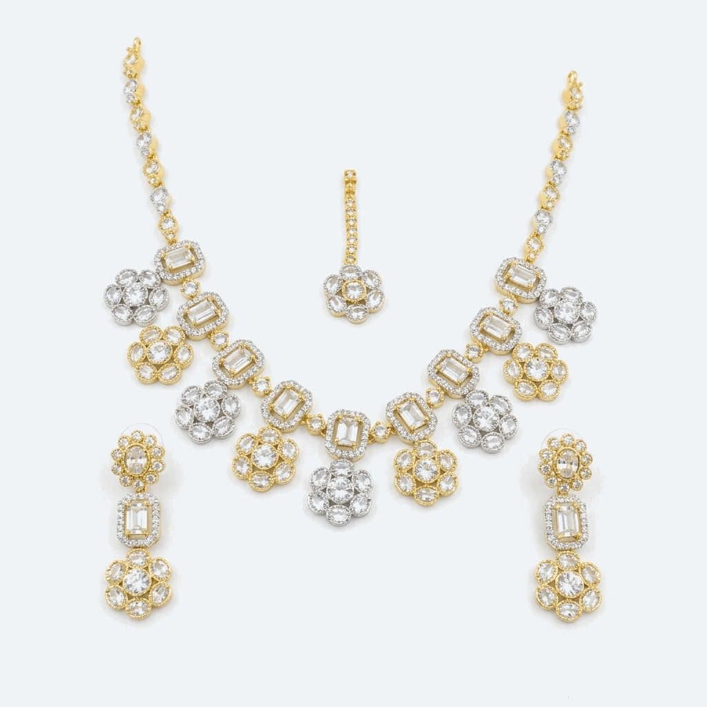 Elegant mixed finish emerald cut halo necklace with matching statement drop earrings