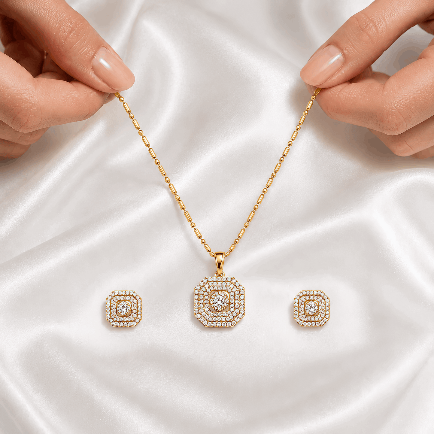 Elegant octagon cut simulated diamond pendant with matching halo stud earrings