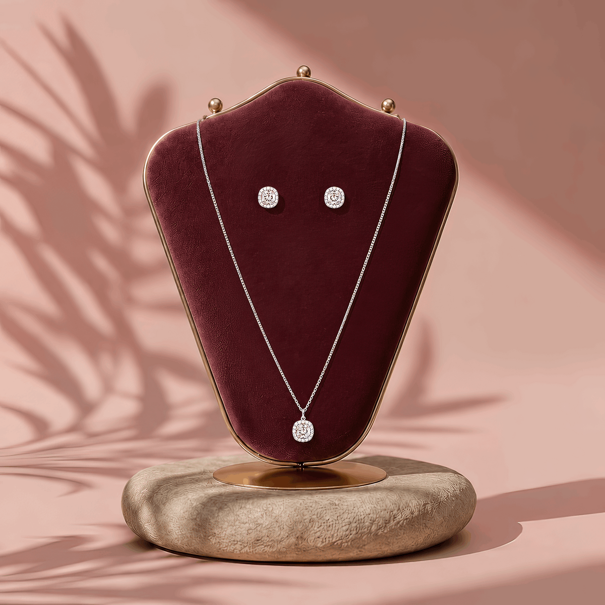 Elegant pink sapphire look pendant necklace with matching halo stud earrings