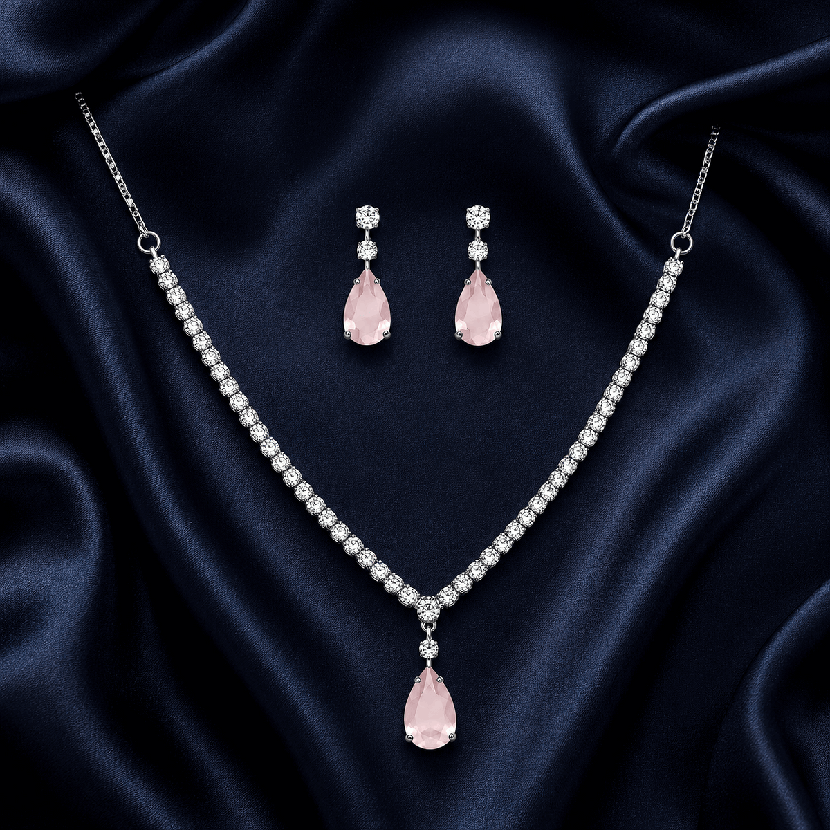 Elegant rose quartz look pendant tennis chain with matching drop earrings online