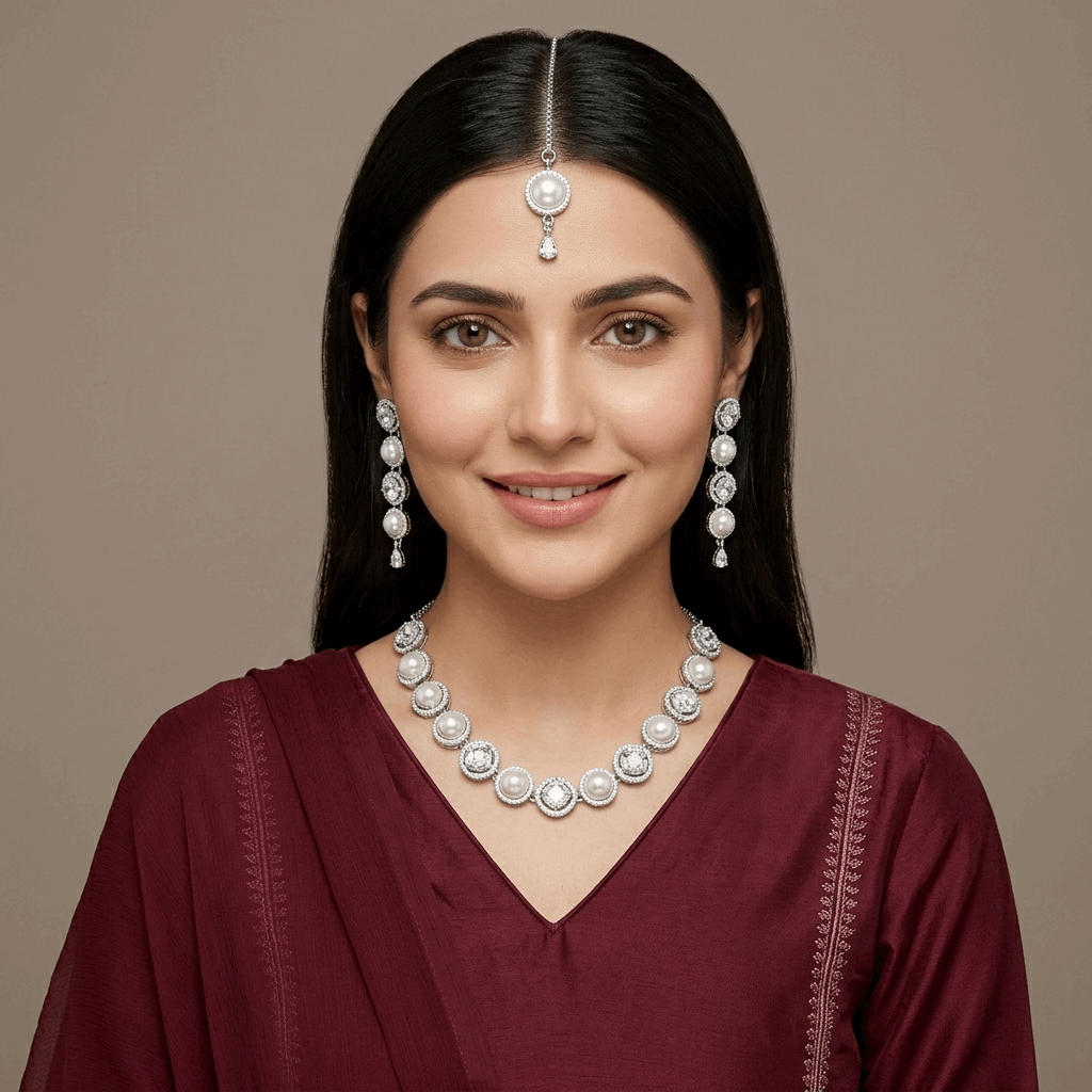 Elegant round cultured pearl choker necklace with matching statement drop earrings