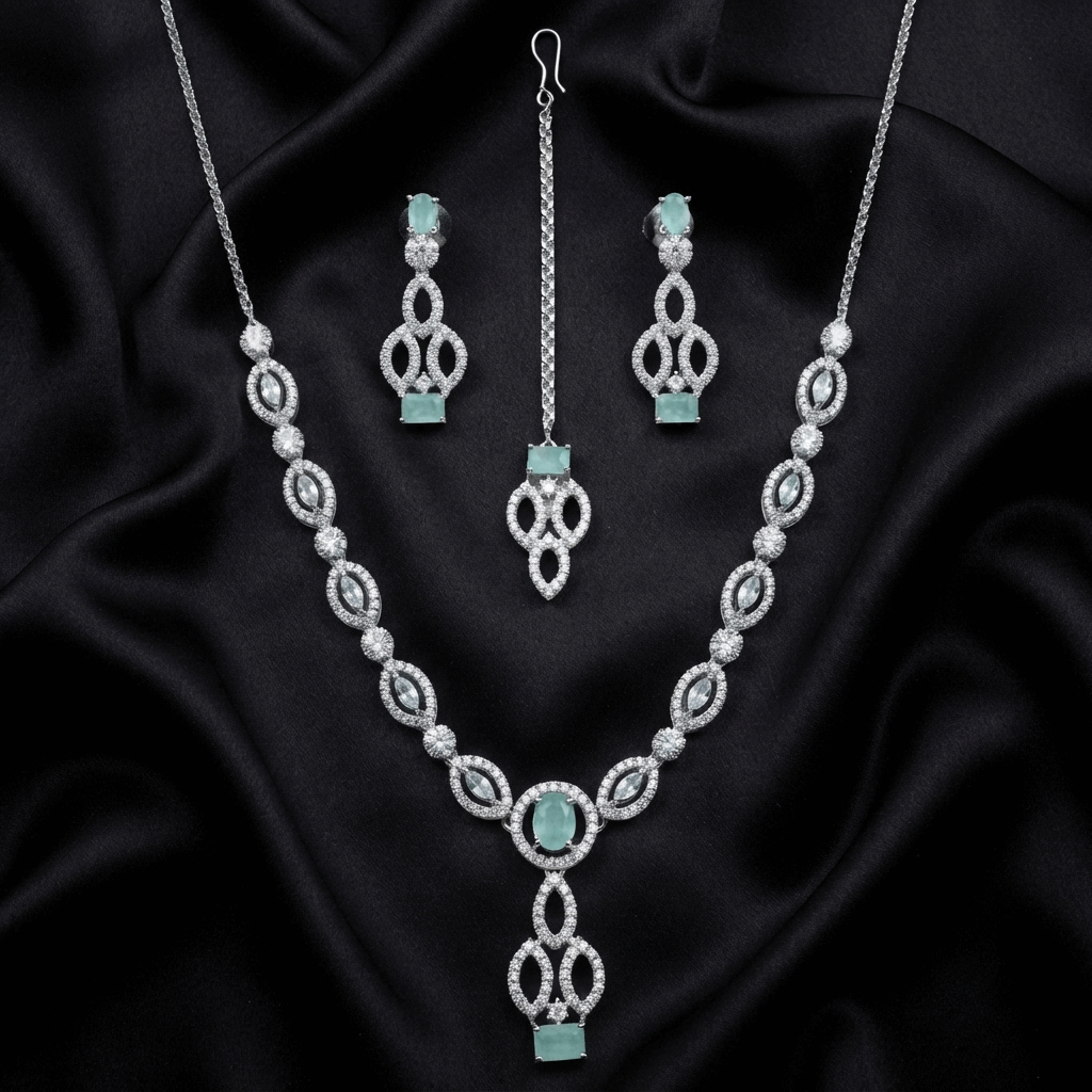 Anti tarnish rhodium finish traditional tikka set with pastel green crown drops