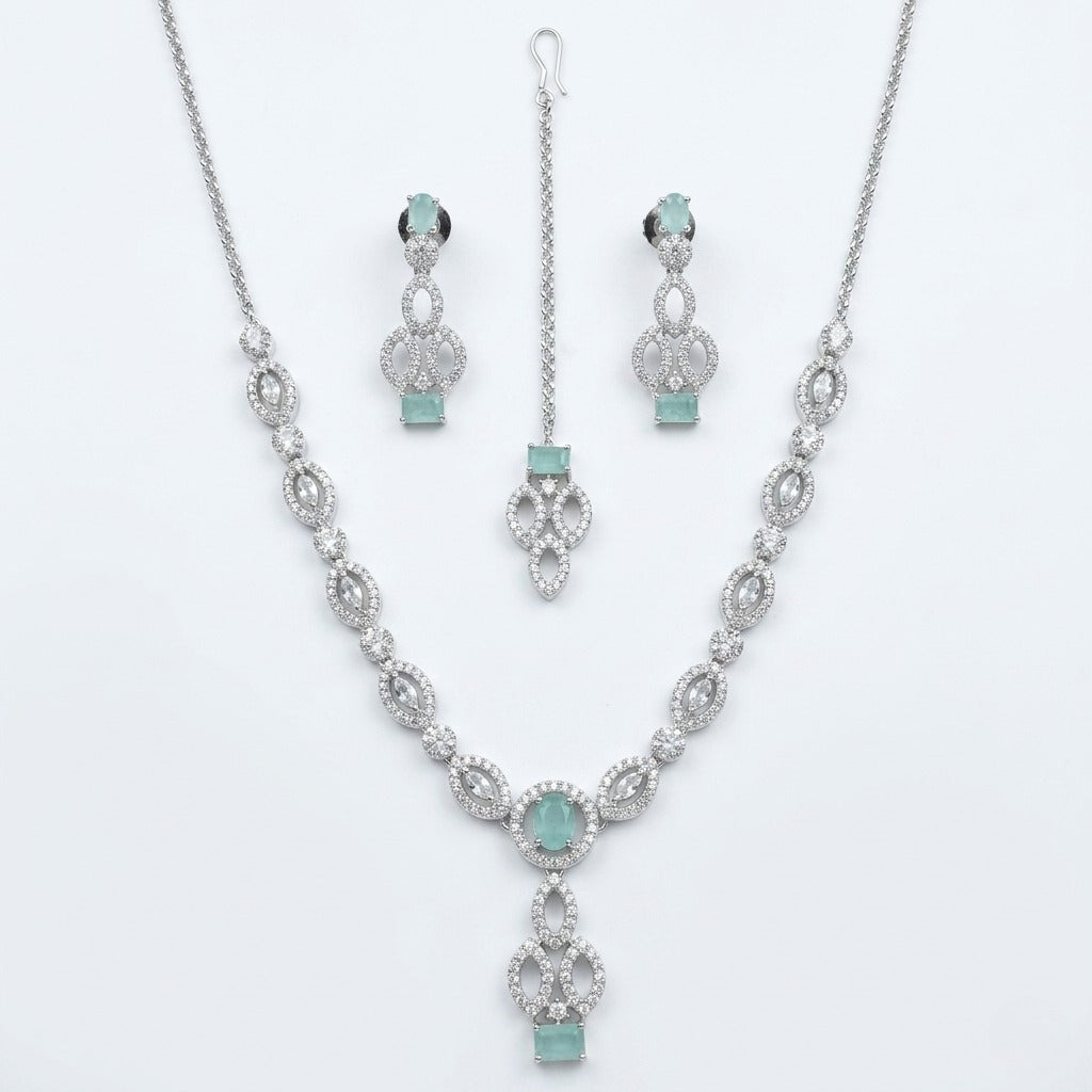 Elegant seafoam green simulated gemstone necklace with matching statement drop earrings