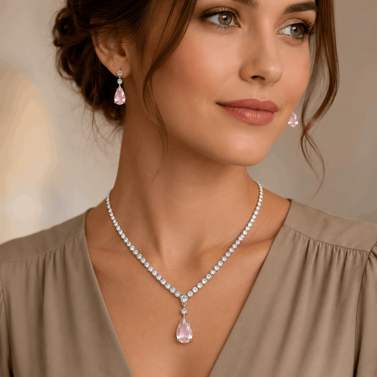 High end minimalist romantic pastel pink crystal graduation jewelry set for women