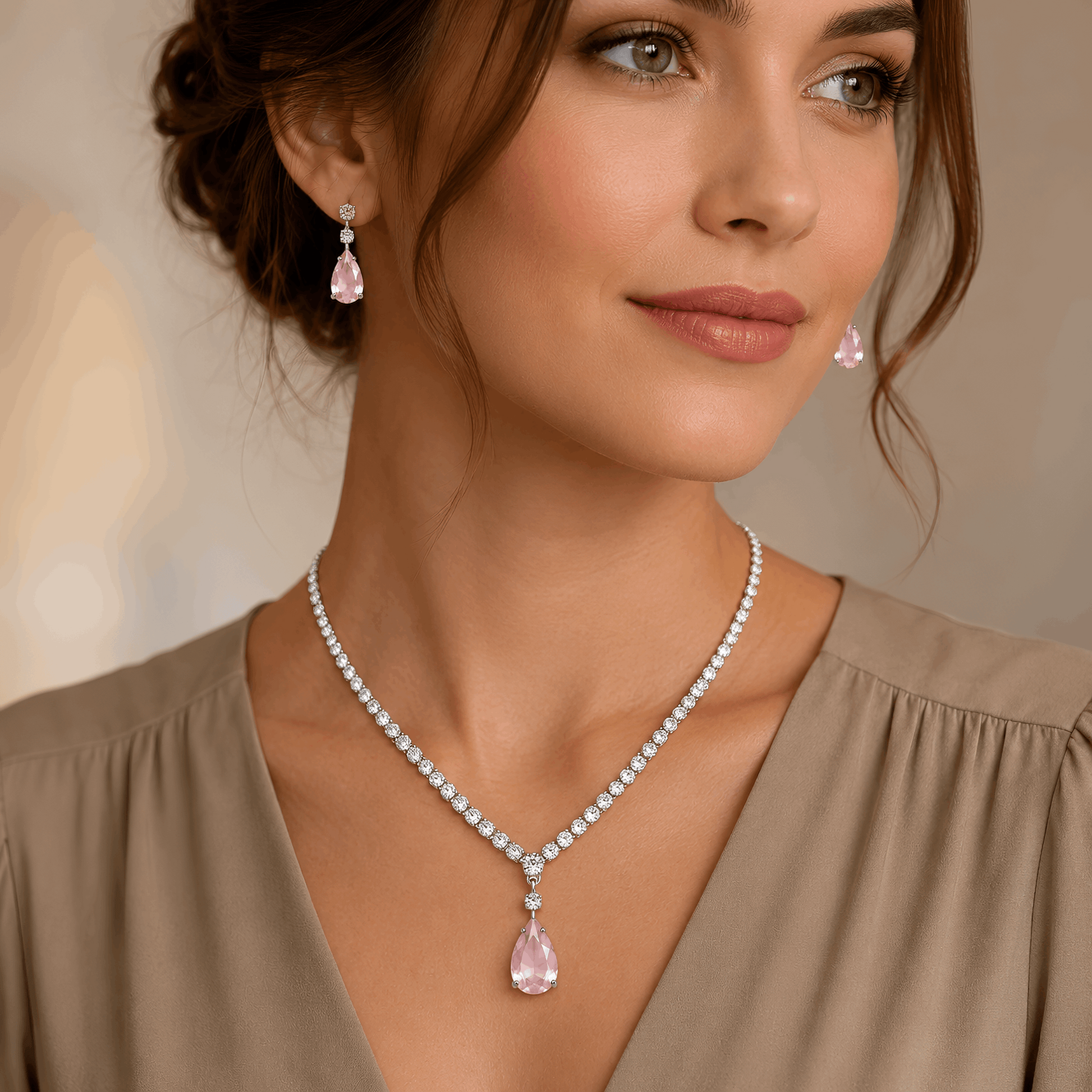High end minimalist romantic pastel pink crystal graduation jewelry set for women