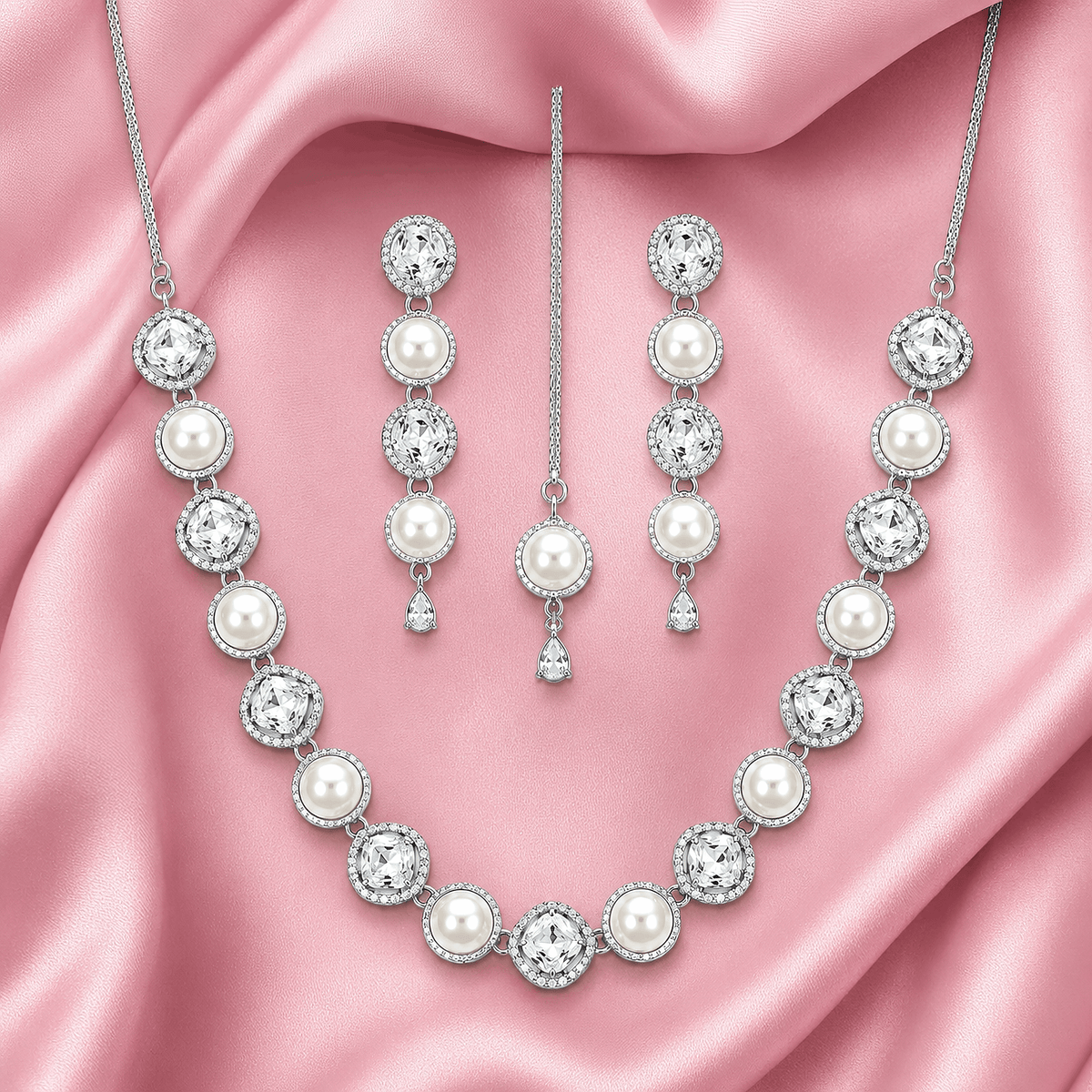 High end majestic square halo crystal wedding jewelry set for elite pakistani brides