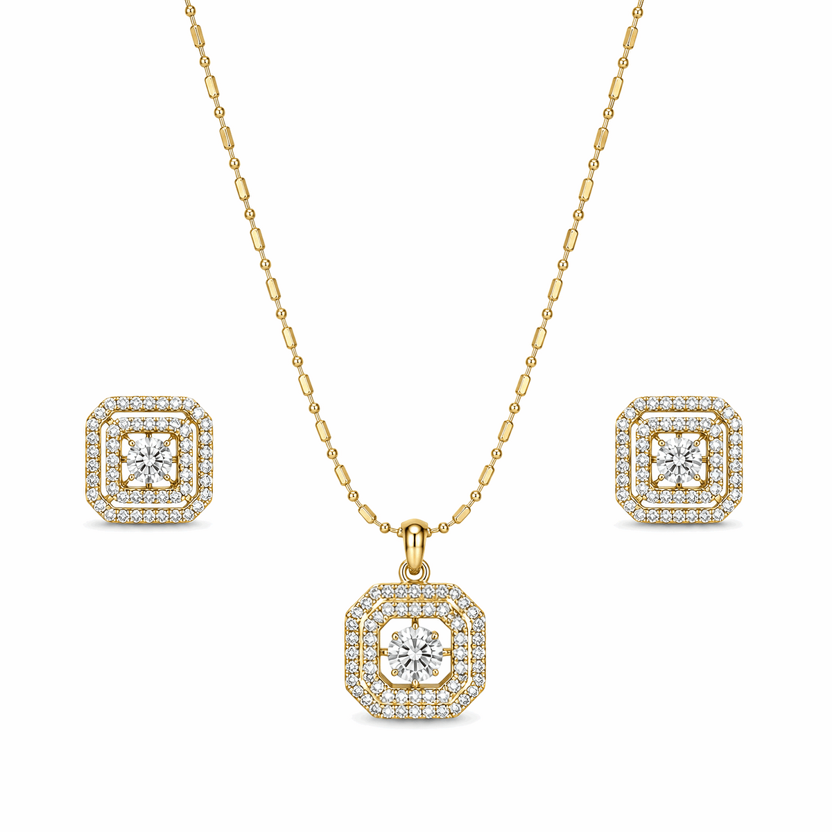 Premium gold-plated octagon double halo pendant necklace and earrings set