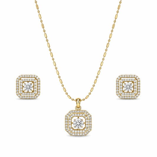 Premium gold-plated octagon double halo pendant necklace and earrings set