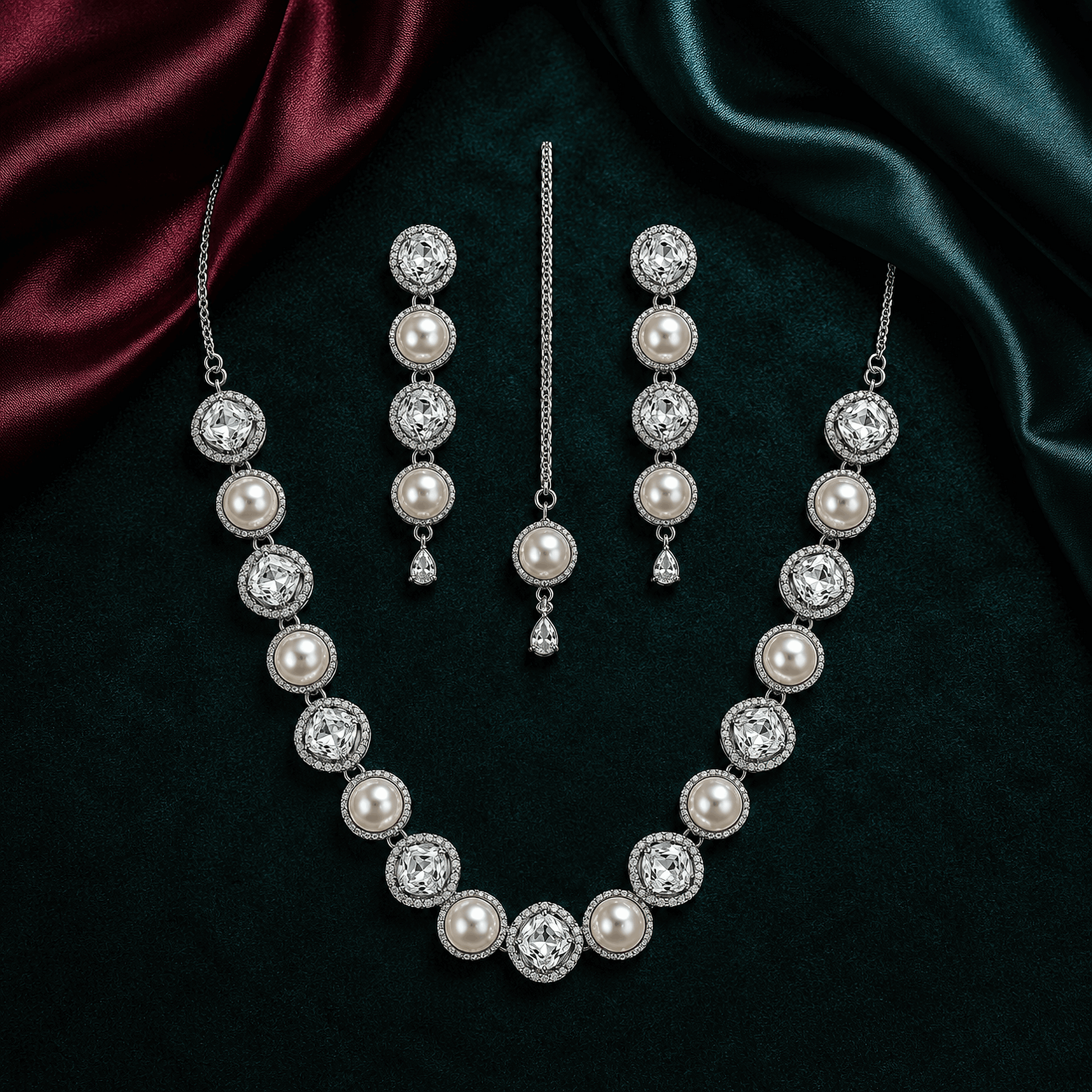 Luxury geometric solitaire diamond simulant and pearl bridal jewelry suite Pakistan