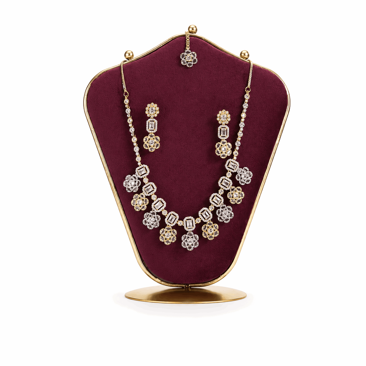Luxury geometric solitaire diamond simulant festive bridal jewelry suite Pakistan