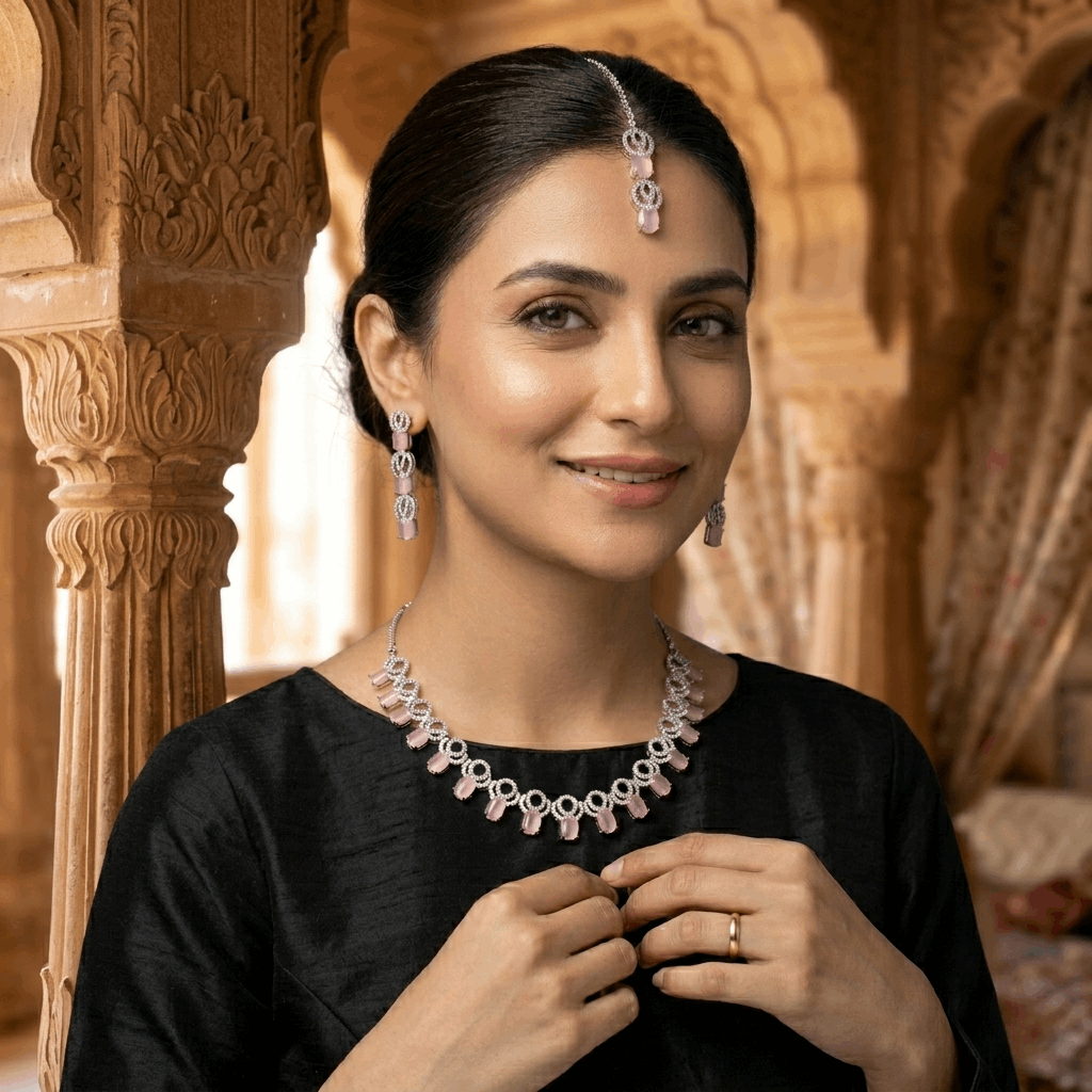 Luxury luminous blush pink cabochon diamond simulant bridal jewelry suite Pakistan