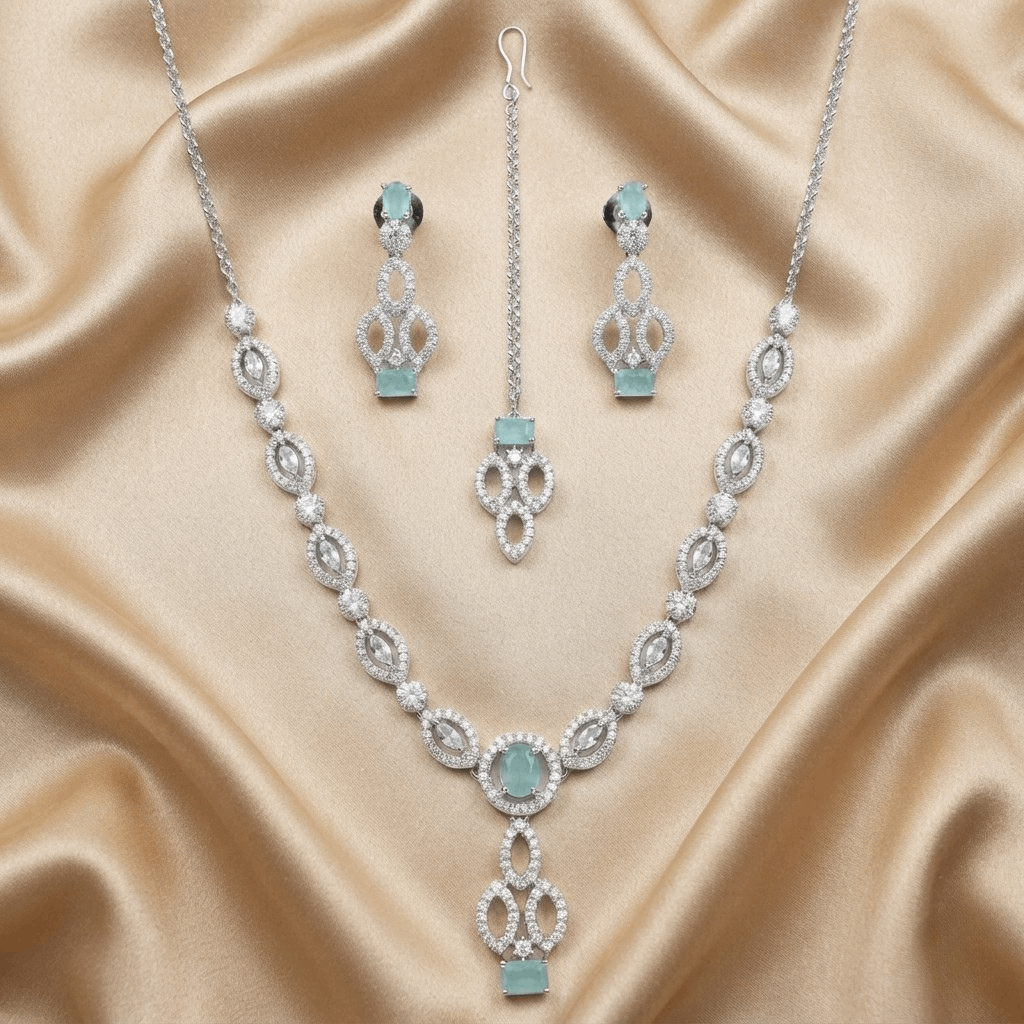 Luxury marquise cut diamond simulant and light emerald bridal jewelry suite Pakistan