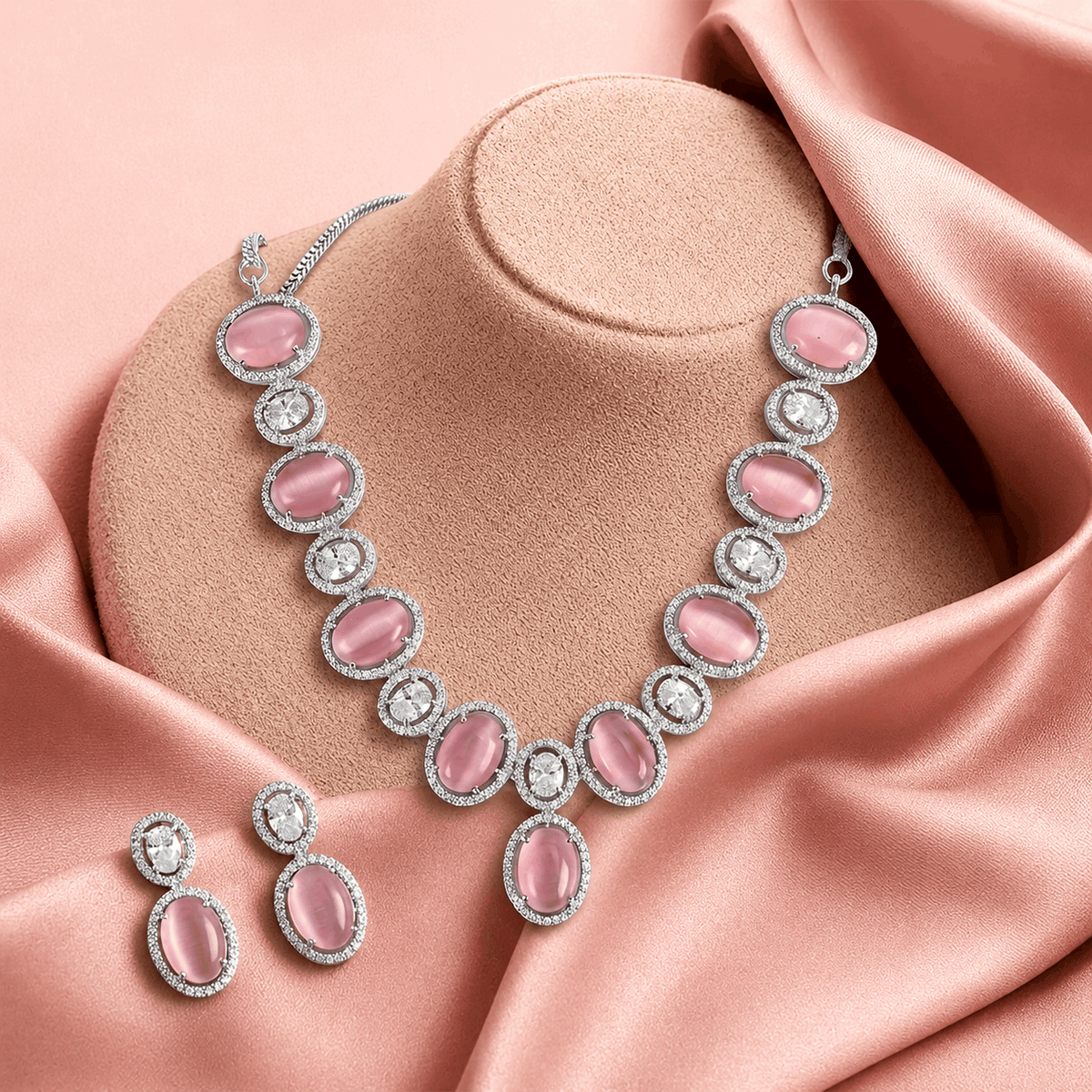 Luxury luminous pink quartz alternative diamond halo bridal suite Pakistan