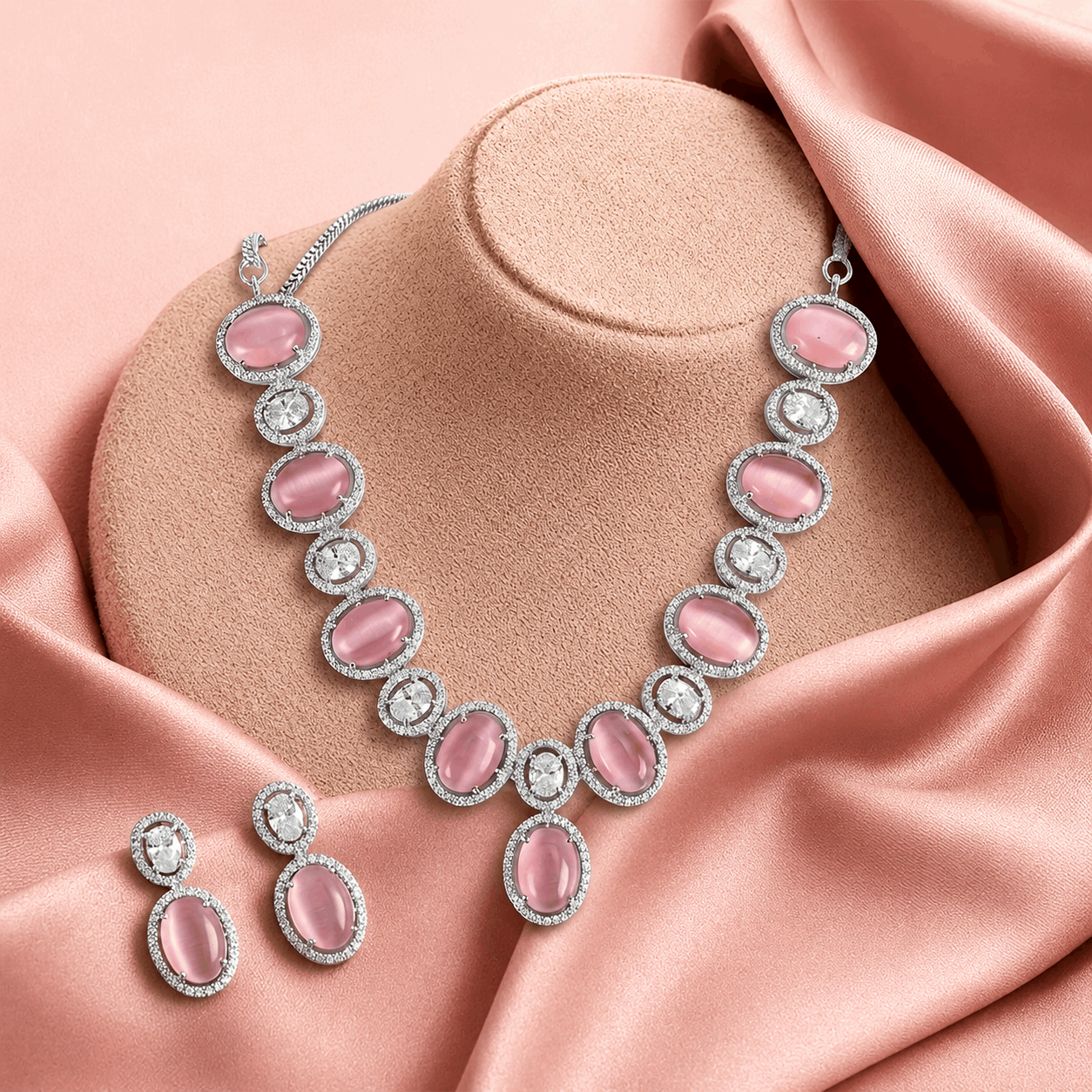 Luxury luminous pink quartz alternative diamond halo bridal suite Pakistan