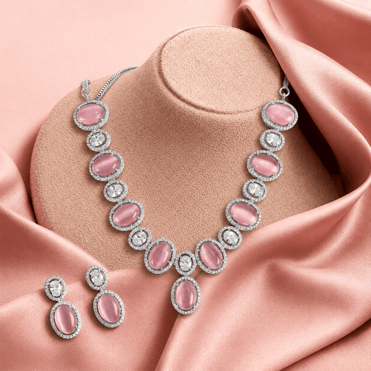 Luxury luminous pink quartz alternative diamond halo bridal suite Pakistan