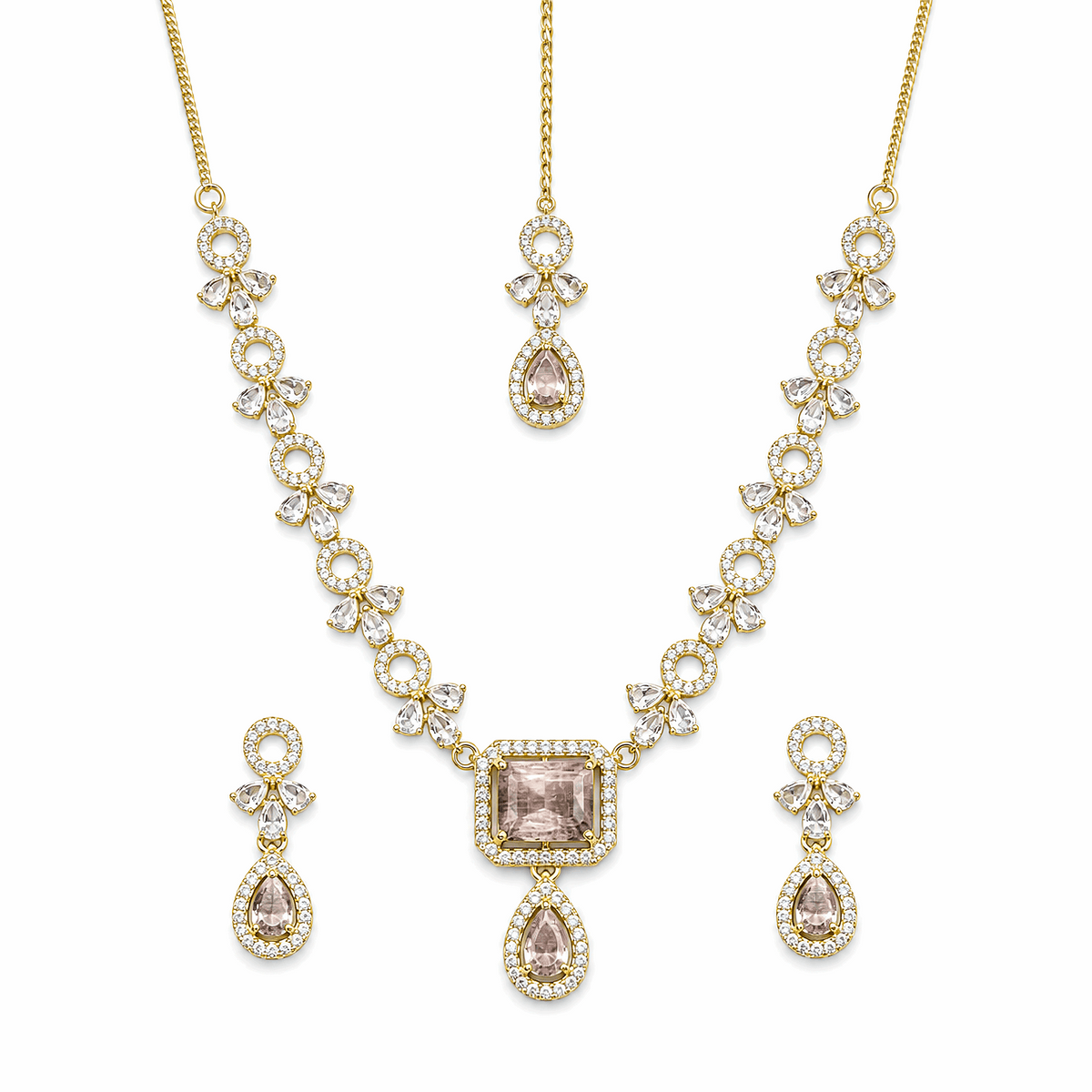 Premium gold plated peach pink cushion cut pendant necklace earrings maang tikka set