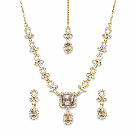 Premium gold plated peach pink cushion cut pendant necklace earrings maang tikka set