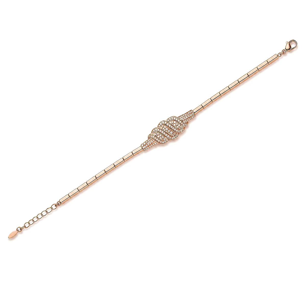 Premium rose gold bar link bracelet with pave diamond wave centerpiece