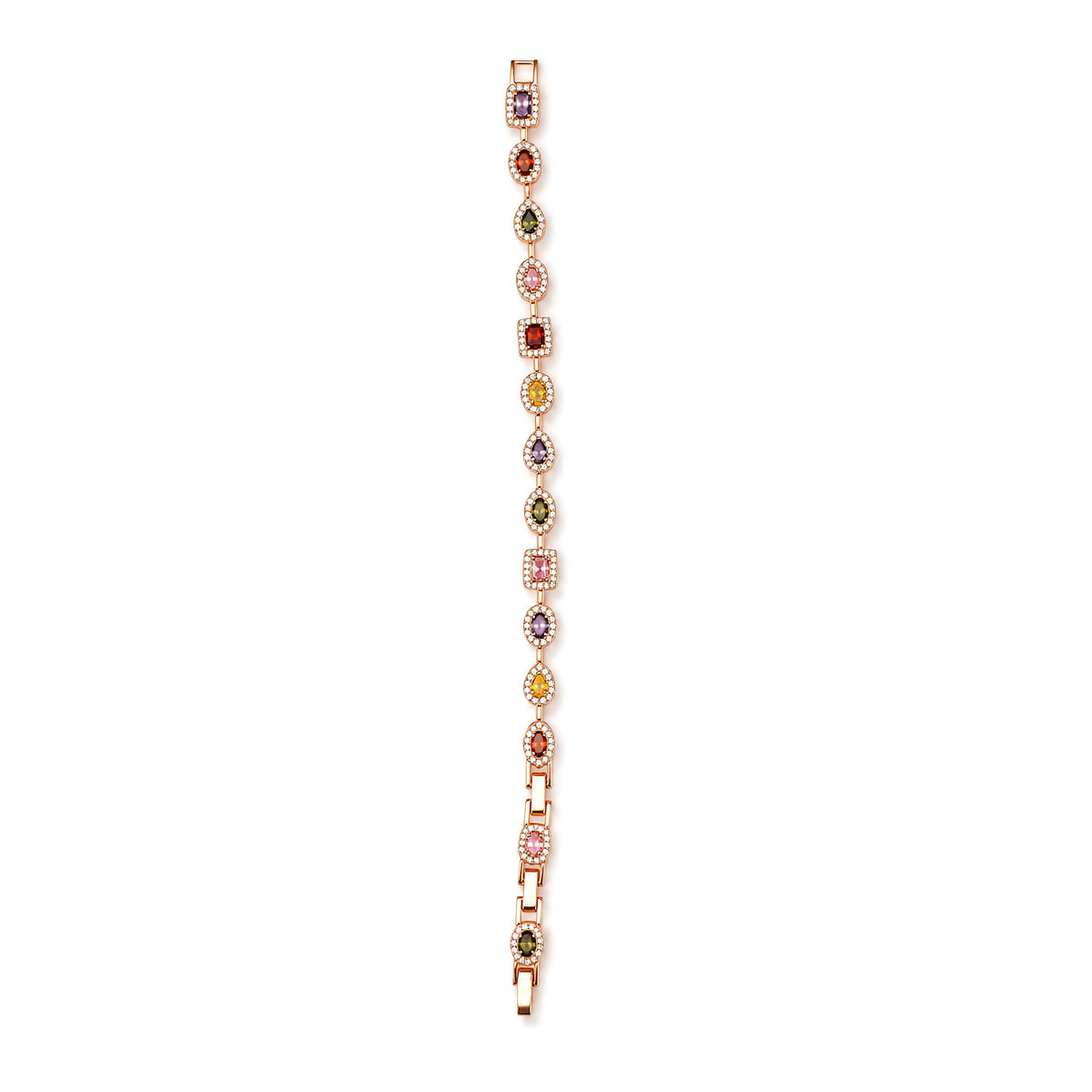 Premium rose gold multi-shape gemstone link bracelet with halo setting