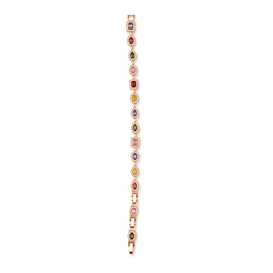 Premium rose gold multi-shape gemstone link bracelet with halo setting