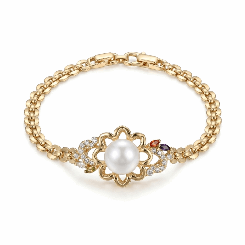 Premium rose gold chain bracelet with centerpiece cultured pearl flower