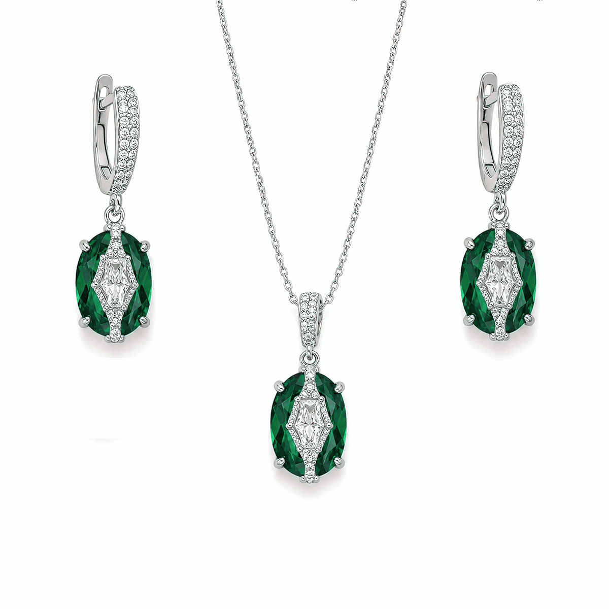 Premium silver-plated emerald green oval pendant necklace and earrings set