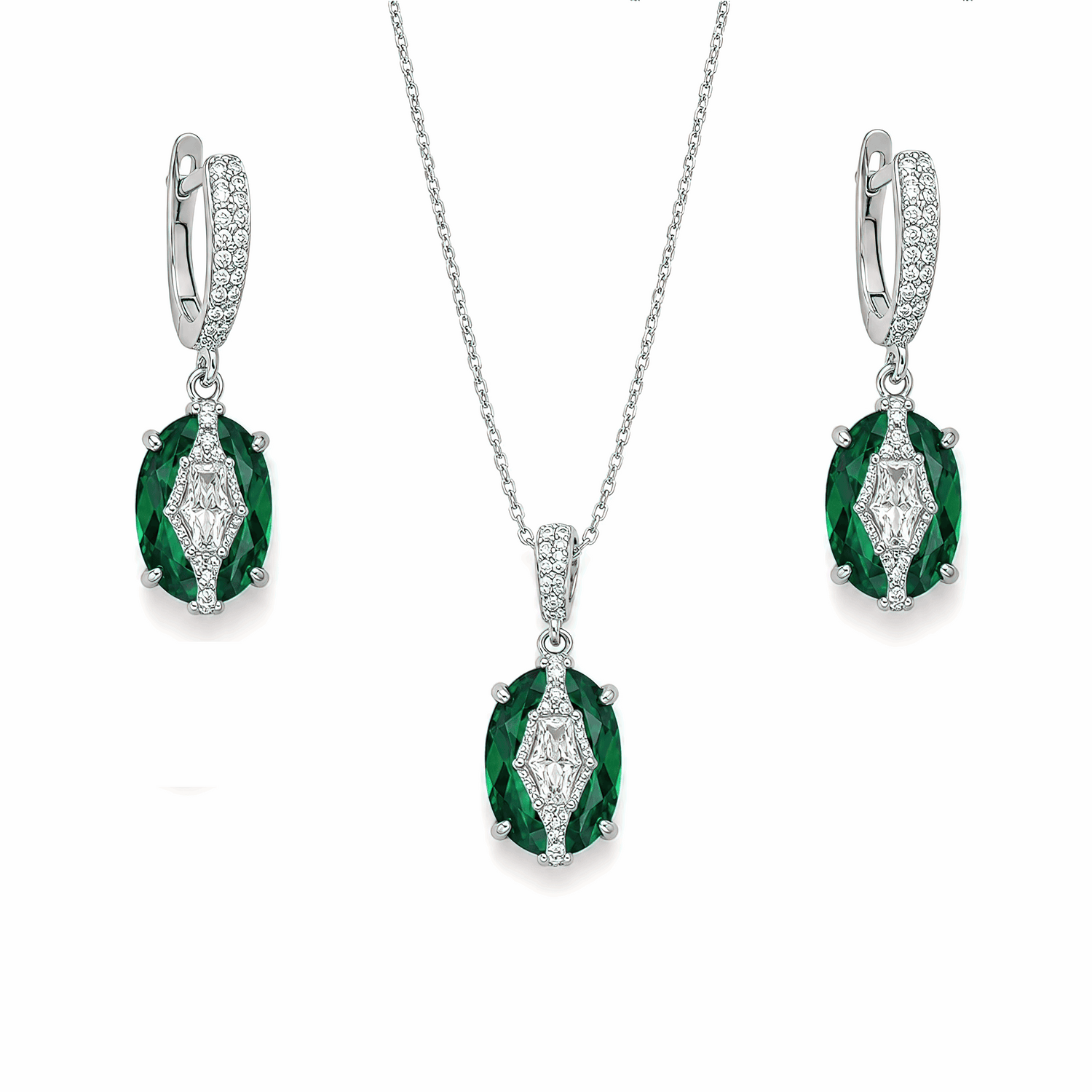 Premium silver-plated emerald green oval pendant necklace and earrings set