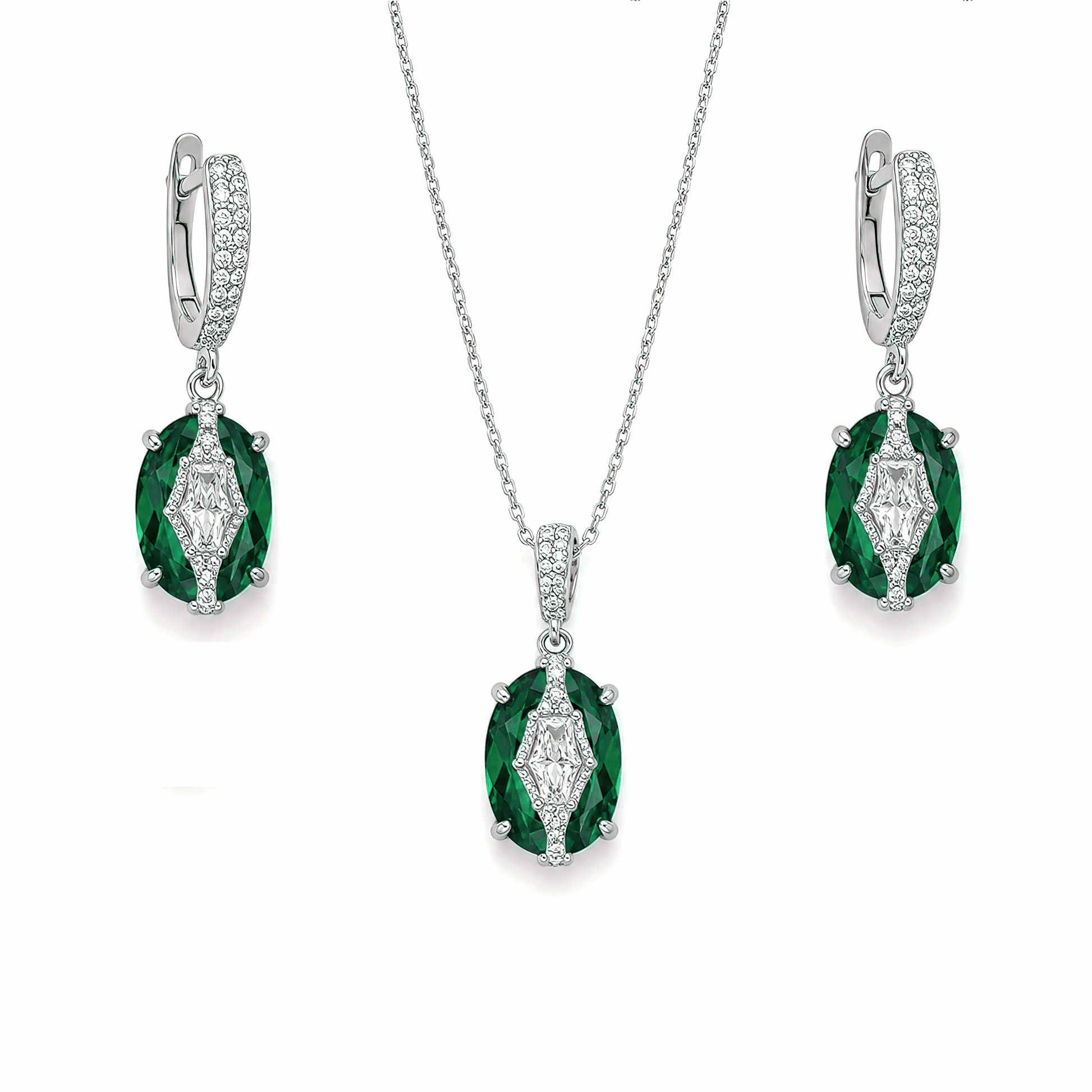 Premium silver-plated emerald green oval pendant necklace and earrings set