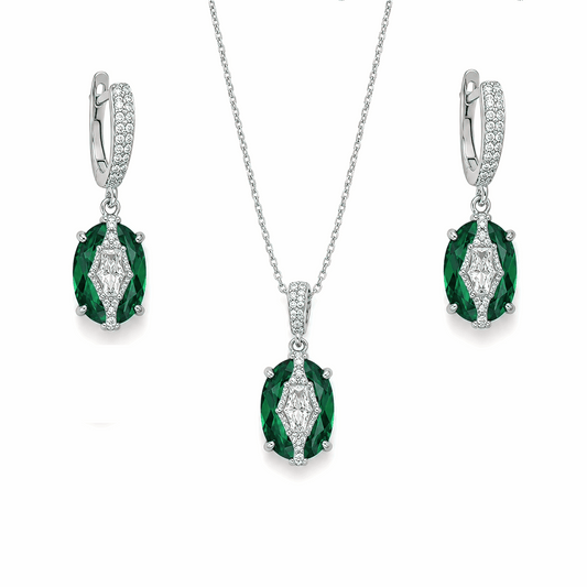Premium silver-plated emerald green oval pendant necklace and earrings set